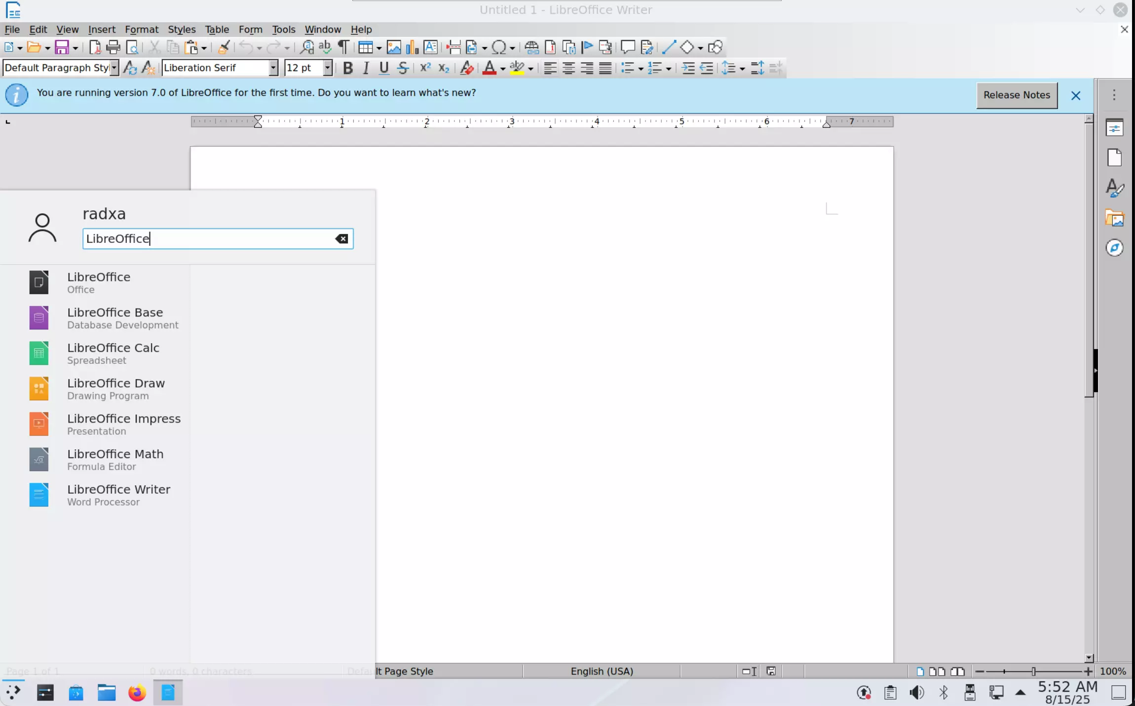 LibreOffice interface on Radxa OS