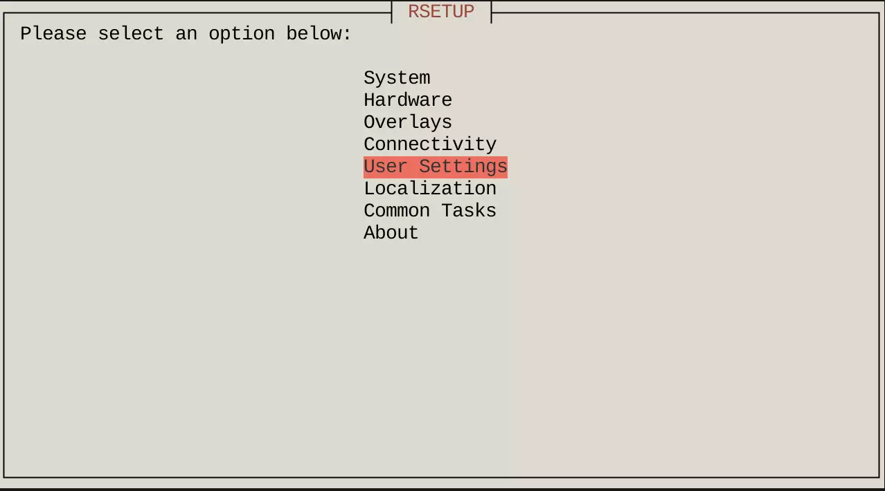 Rsetup User Settings menu