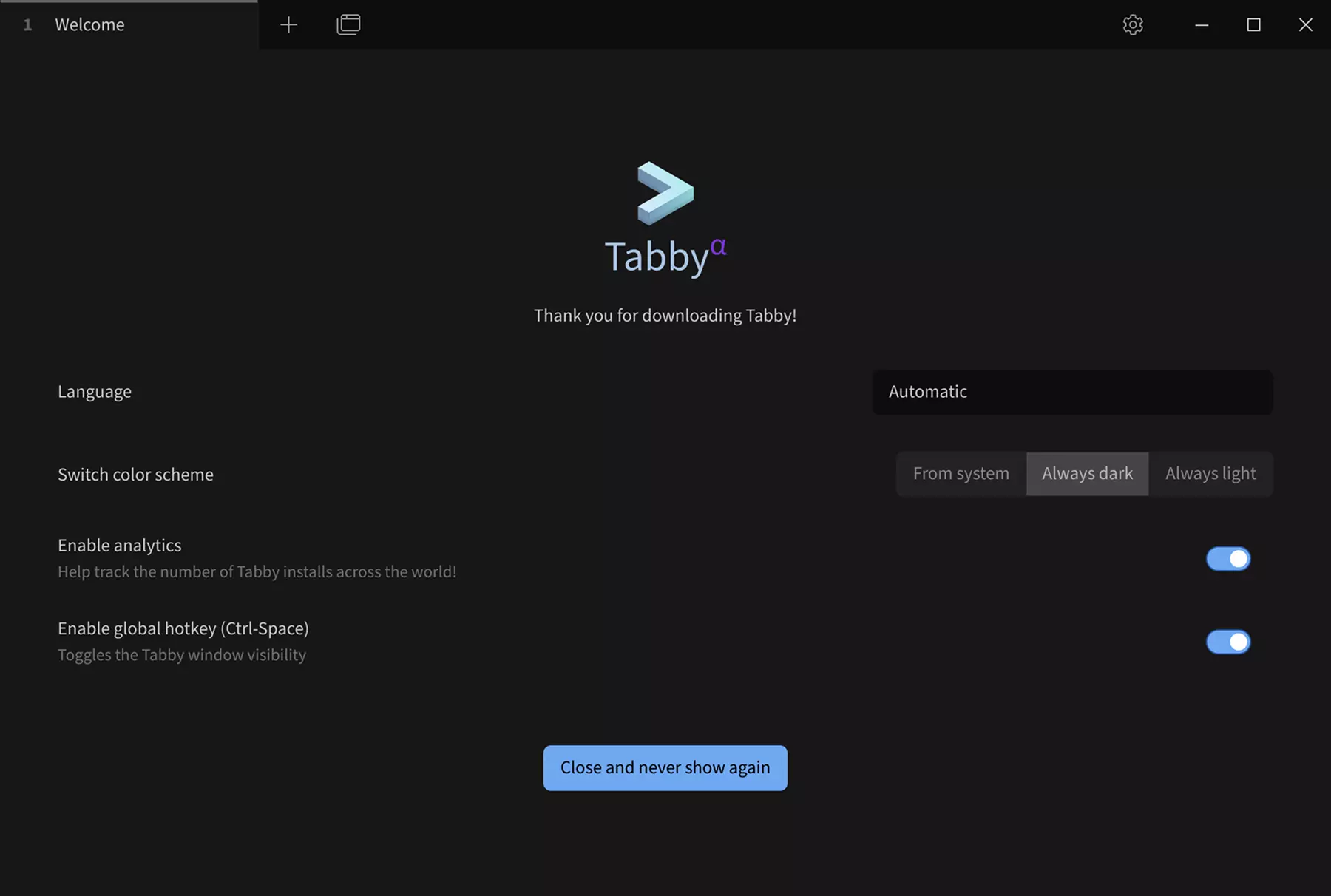 Tabby Welcome Screen